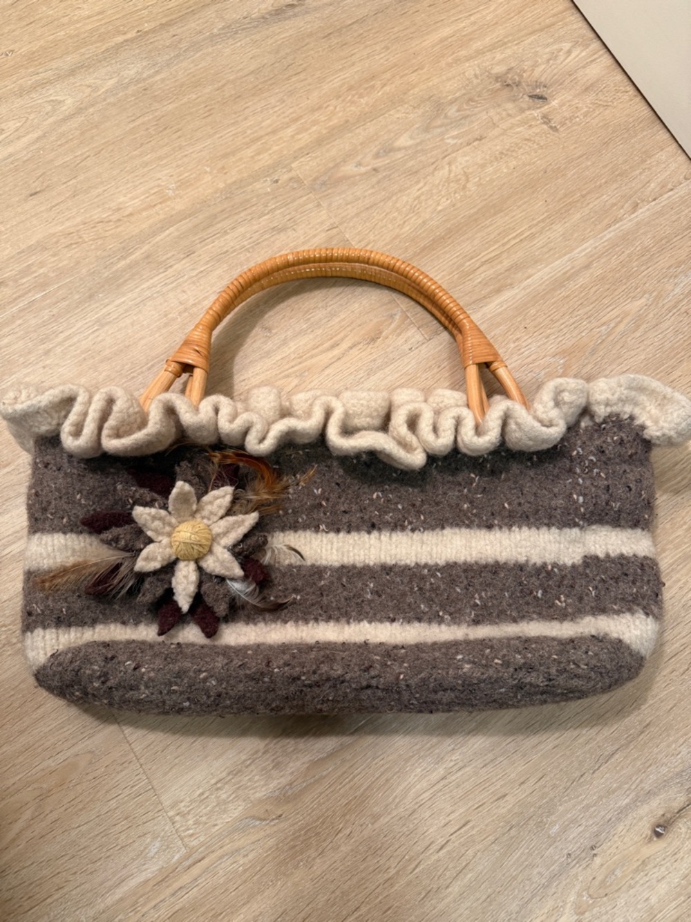 Handcrafted Wool Stripe Ruffle Top Shoulder Bag - Gray & Cream With Flowr Detail